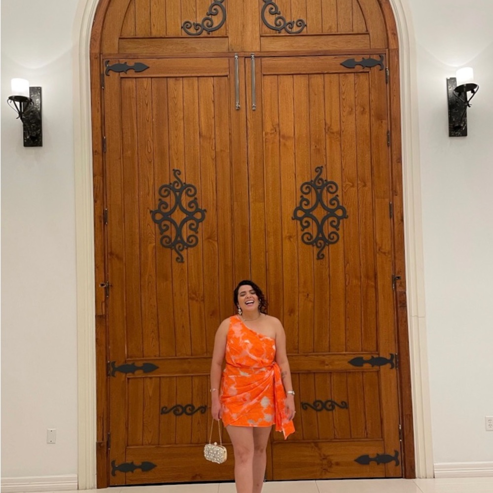 ONE SHOULDER WRAP FRONT IN ORANGE. PERFECT SUMMER WEDDING GUEST DRESS.